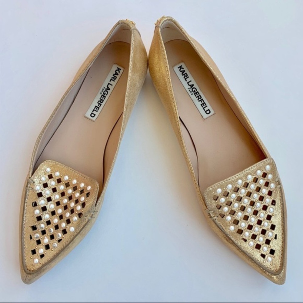 Karl Lagerfeld  Devan Embellished Gold Soft Brushed Suede Shoe